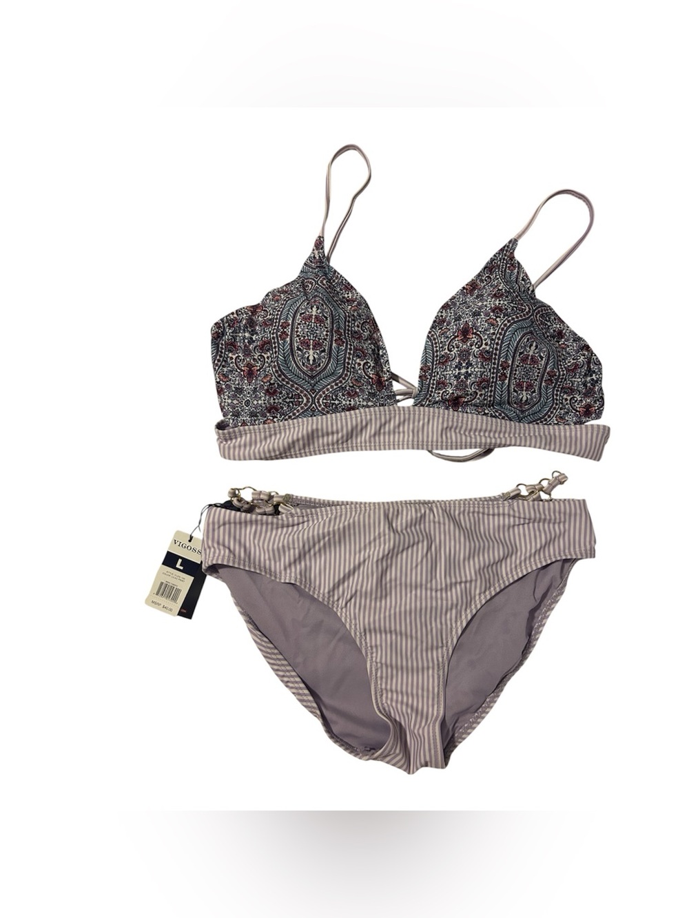 Vigoss Paisley Triangle Bikini Top with Striped Bottoms - Lavender, Mauve